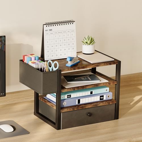 Desk Organizers and Accessories, 4-Tier Paper Letter Tray File Organizer with Fabric Drawer & 3 Pen Holder, Office Desk Accessories Workspace Desktop Organizer for Office Supplies, Rustic Brown - Image 6