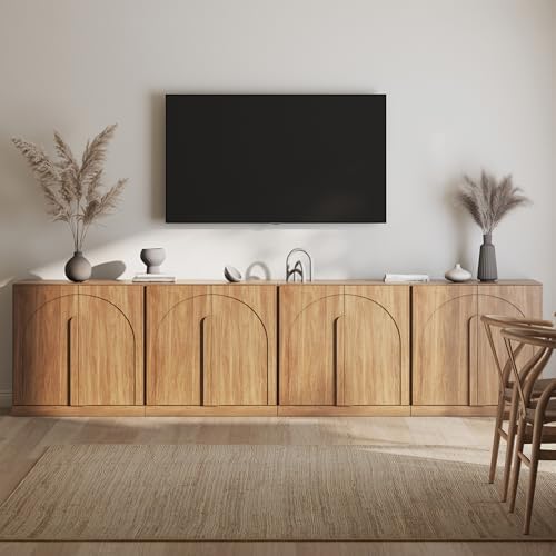 BELLEZE Bijou Set of 4 Wall-to-Wall Sideboard Buffet Cabinets (126" Wide) - Grand Storage System w/8 Arched Doors - Massive Entertainment Center & Display Console for Living Room, Camel by BELLEZE