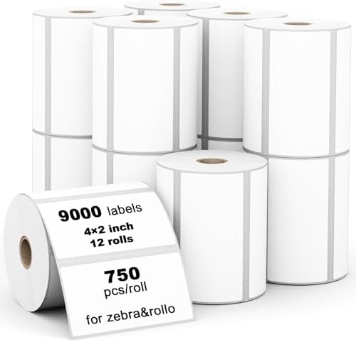 (9,000 Labels/12 Rolls) Labelebal 3-Proof 1" Core 12 Rolls 4" x 2" Inch Direct Thermal Labels, Address Shipping Labels Compatible with Rollo & Zebra Desktop Printers Adhesive by Labelebal