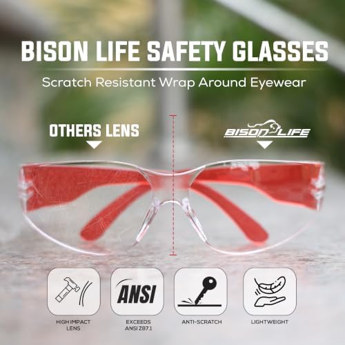 BISON LIFE Clear/Red Safety Glasses for Men & Women, ANSI Z87.1, 6 Pack - Image 2