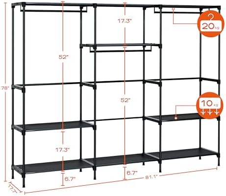 CASAMAYA Clothes Rack, Portable Closet, 81.1 Inch Large Capacity Wardrobe Closet, Clothes Storage Organizer with Shelves and 3 Hanging Rods, Easy to Assembly, Black PCT033B01 - Image 3