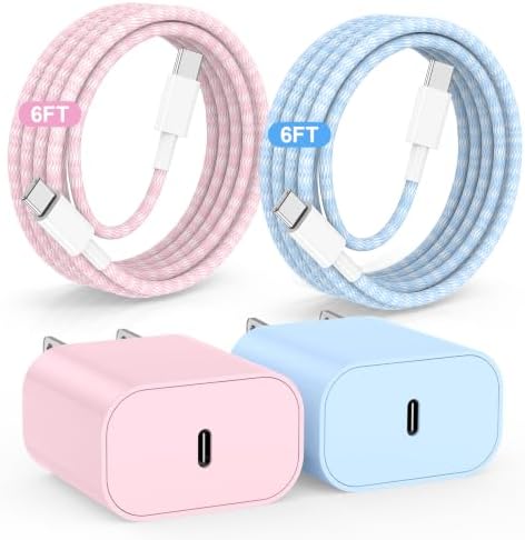 20W USB C Fast Charging for iPhone 17 Air/16/15 Pro Max,2Pack Colorful Mixed Charger Block with Braided Long USB C to C Cables (6/6ft) Compatible with iPhone16/15 Pro/15 Plus/iPad Pro by Hzevn