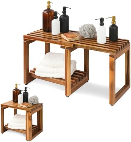 Adjustable Length 29 Inches Shower Stool Bench Chair Waterproof with Storage Shelf for Shaving Legs, Spa, Bath Seat in Bathroom, Inside Shower for Adults Seniors Elderly (Small 29 in) by ENKEZIProducts