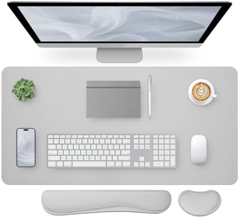 Bloss Leather Desk Pad and Keyboard Wrist Rest, Large Mouse Pad + Keyboard Pad+Mouse Wrist Support, Non-Slip Desk Mat Protector for Office, Home(35.4×15.7 Inches, Light Grey) by Bloss