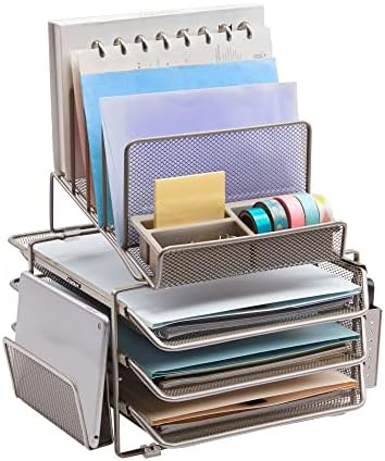 DESIGNA Stackable Mesh Desk Organizer with 3 Sliding Letter Trays 4 File Holders 2 Side Compartments & Pencil Holder Non-slip All In One Desktop Accessories Organizers Office Storage, Champagne by DESIGNA