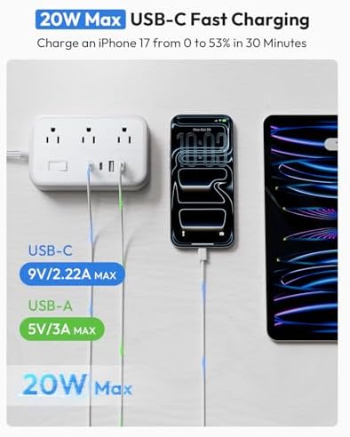 Flat Extension Cord 15 ft, NTONPOWER Surge Protector Power Strip with 6 Widely Outlets 4 USB Ports(2 USB C), Flat Plug, Wall Mounted, Side Outlet Extender for Indoor, Home Office, Dorm Room Essentials - Image 4