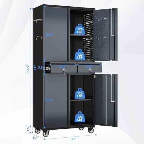 SUXXAN 71-Inch Metal Garage Cabinet with 2 Drawers and Pegboard Doors - Image 3