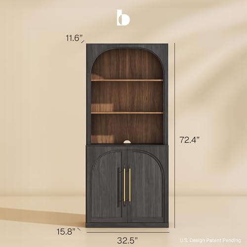 BELLEZE 72" Tall Storage Cabinet with Hutch, Modern Wood Sideboard with Arched Doors and 3-Tier Shelves, Display Curio Cabinet for Kitchen, Dining Room, Living Room, or Office, Ebony - Image 2