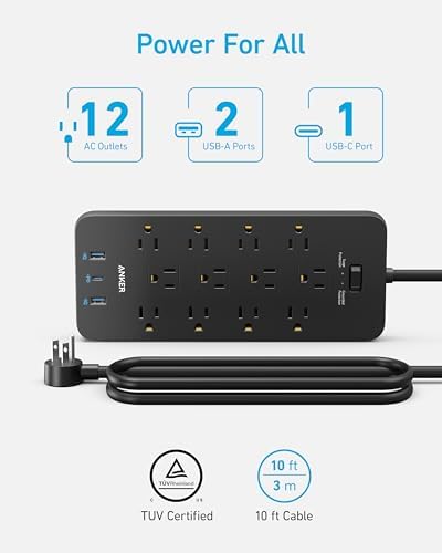 Anker Power Strip with 3 USB Ports, Surge Protector (2100J-10ft), 12 Outlets, 2 USB-A Ports and 1 USB-C Port, Works with iPhone 16/16 Plus/16 Pro/16 Pro Max, for Home, Office, TUV Listed (Pack of 2) - Image 6