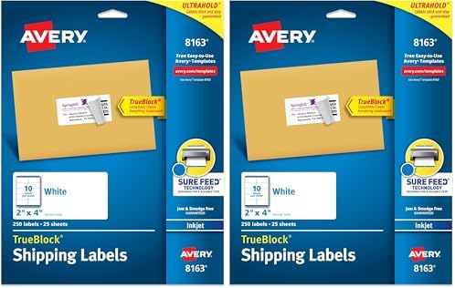 Avery Shipping Labels, 2" x 4", White, 250 Labels | Sure Feed Technology | Pack of 2 | Model 8163 by Avery