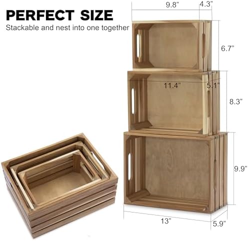 VICTORY RELAX Nesting Wood Storage Crates (Set of 3) - Light Natural Acacia Wood Stackable Wooden Boxes for Storage & Organization - Decorative Wooden Basket Set for Fruits, Shelving & Home Decor - Image 3