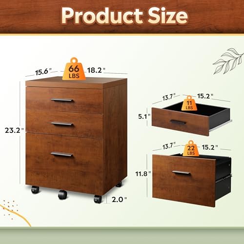 DEVAISE 3 Drawer File Cabinet, Wood Under Desk Filing Cabinet, Walnut - Image 3