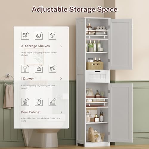 TEENFON 66.9" H Tall Bathroom Cabinet with 2 Doors & 1 Drawer, Narrow Bathroom Storage Cabinet with Adjustable Shelves, for Living Room, Entryway, Kitchen, White - Image 5