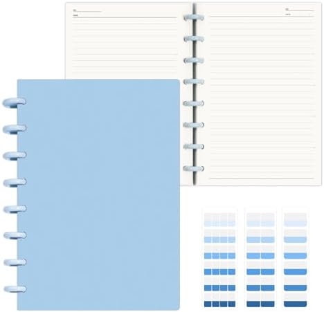 Discbound Notebook, 8-Disc Disbound Planner with Removable Pages, 180 Pages Spiral Notebook, Poly Cover Discbound Planner for Work, Travel, Note Taking(With Index Sticker),Blue,A5 by Mosabear