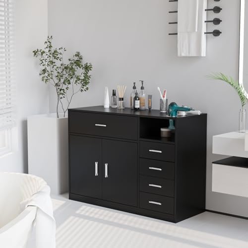 OmySalon Salon Station Free Standing Cabinet, Barber Hair Styling Stations, Beauty Spa Equipment with 5 Drawers, 1 Storage Cabinet, 3 Hair Dryer Holders, Black - Image 2
