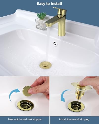 Hibbent 2 Pack All Metal Universal Bathroom Sink Stopper for 1.1''~2.3'' Basin, Pop Up Sink Drain Strainer, Brass Core Push Type Stopper, Stainless Steel Anti Clogging Drain Filter, Brushed Gold - Image 4