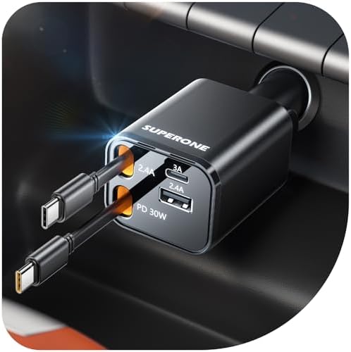 SUPERONE Compact Retractable Car Charger with Dual Type C Cables, Black/69W by SUPERONE