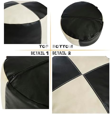 Thgonwid Unstuffed Faux Leather Pouf Cover, Handmade Footstool Ottoman Storage Solution, Floor Footrest Cushion - 16.5”Dx12”H, Black & White - Image 7