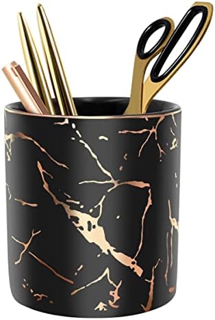 Pencil Cup, Pen Holder for Desk, Pen Pencil Stand Holder for Desk, WAVEYU Office Desk Organizer for Girls Women Kids Ceramic Glitter Marble Makeup Brush Holder, Black (Upgrade Style) by WAVEYU