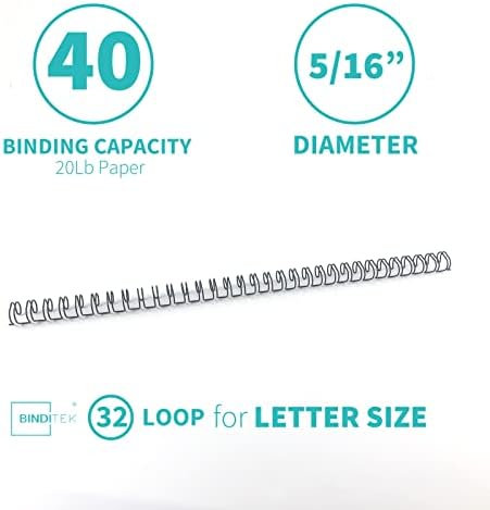 Binditek 100 Pack Double Loop Wire Binding Spines, 5/16 Inch Binding Wire for Letter size, 3:1 Pitch, 40 Sheet Capacity, 32-Loop, Black, for Students and Coworkers - Image 2