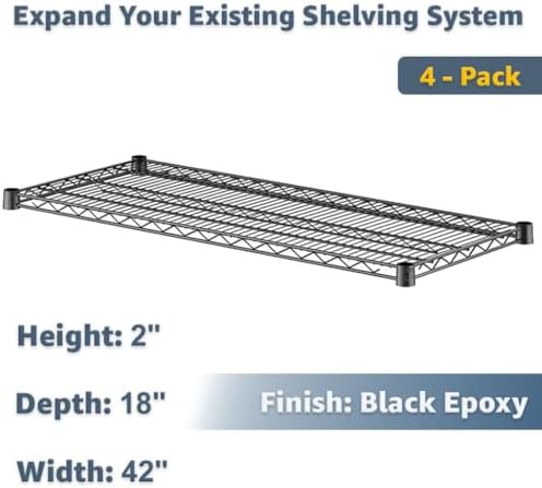 Reinforced 18" x 42" Black Wire Shelf 4-Pack, 600lb Capacity Heavy Duty Commercial Storage, NSF - Image 2