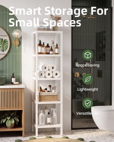 SMIBUY Bathroom Storage Shelf, 5-Tier Bamboo Rack Organizer, Multifunctional Shelving Unit for Living Room Bedroom Kitchen (White) - Image 3