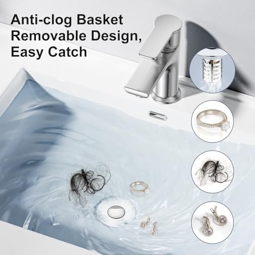 Bathroom Sink Drain Strainer, 2PCS Pop Up 3 in 1 Bathroom Sink Stopper with Removable Stainless Steel Filter Basket Drain Hair Catcher, Sink Plug for 1.1''~2.36'' Basin, Brass Bullet Core, Chrome - Image 2