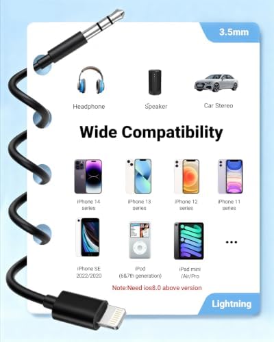 Aux Cord for iPhone,[Apple MFi Certified] Lightning to 3.5 mm AUX Cable for Car Stereo, Speaker, Headphone, Auxiliary Audio Cable Compatible with iPhone 14 13 12 11 XS XR X 8 7 3.3FT 2Pack Black - Image 6