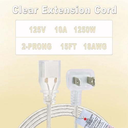 Clear Extension Cord 15 FT, Indoo/Outdoor 2 Prong Extension Cord with Flat Plug, Invisible Slim Extension Cable for Christmas Lights, Lamps & Holiday Lighting (18AWG, 10A/125V) - Image 3