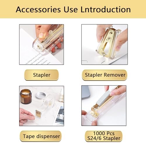 suniya Office Supplies Gold Desk Accessories Set Office Supplies Kit with Stapler, Tape Dispenser, Scissors, Staple Remover, Ballpoint Pen, Clear Tape & Staples – Best Gift for Business or Boss - Image 2