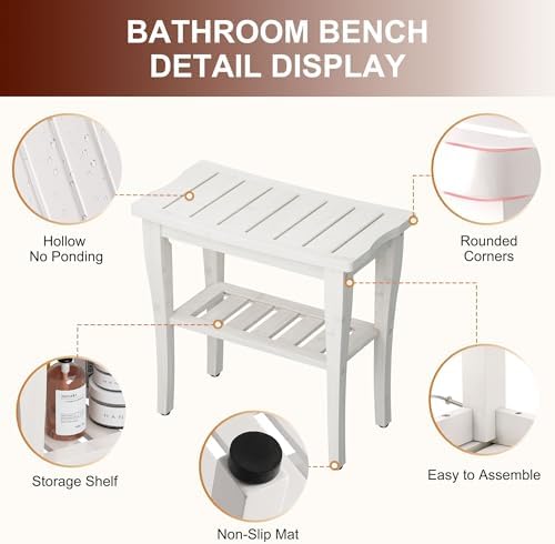 Bamboo Shower Bench Stool with Storage Shelf, Waterproof Shower Chair Spa Bath Seat, Shower Stool for Inside, Bathroom Bench Seat for Adults Elderly Seniors for Indoor or Outdoor Use(White) - Image 3