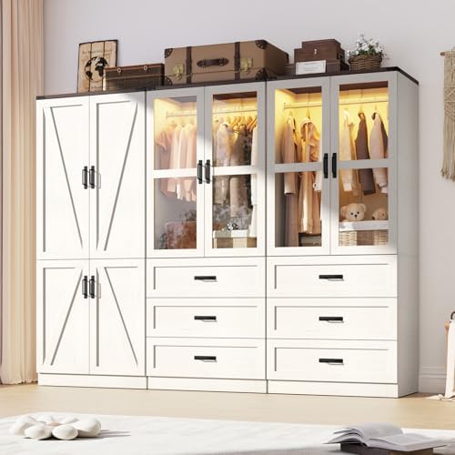 75" Tall Farmhouse 6 Doors Armoire Wardrobe Closet with 3 Drawers and LED,Freestanding Closet Wardrobe Cabinet for Bedroom with Hanging Rod,Wooden Armoire Storage Cabinet(Rustic Off White 6 Doors 2) by Hlivelood