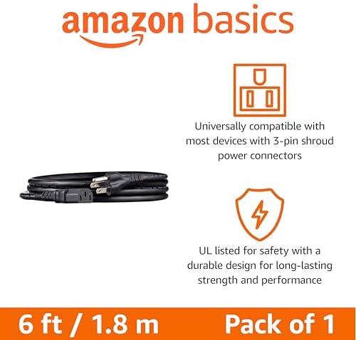 Amazon Basics PC Power Cable, 6 feet, AC Power Cord for Monitor, Computer, TV, 3 Prong, 18 AWG, 125 Volts, NEMA 5-15P to IEC320C13, UL Listed, Black - Image 2