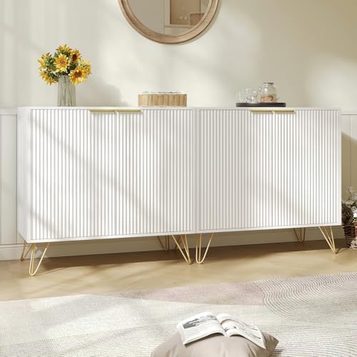 Storage Cabinet with 2 Fluted Doors and Adjustable Shelves, White, 2pcs丨Modern Wood Accent Table, Sideboard Buffet Cabinet, Console Table for Living Room, Hallway, Entryway by Provideyouwithbestproduct%EF%BC%81