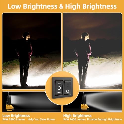54W LED Work Light for Dewalt 20V Battery, 7600LM Cordless Work Light Dual Switch Battery Protection, Portable Flood Light with USB & Type C Charger Port for Workshop, Camping, Outdoor - Image 4