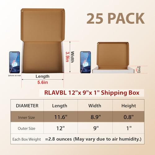 RLAVBL 12x9x1 Shipping Boxes Set of 25, White Corrugated Cardboard Box for Packing, Mailing, Business - Image 2