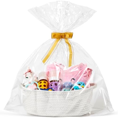 LANDNEOO Small Woven Basket with Gift Bags and Ribbons, Empty Decorative Gift Chest Box, Cute Baby Gift Basket for Nursery, Cotton Rope Room Shelf Storage Basket with Handles, 12"x 8"x 5",White by MakeLifeBetterEasier