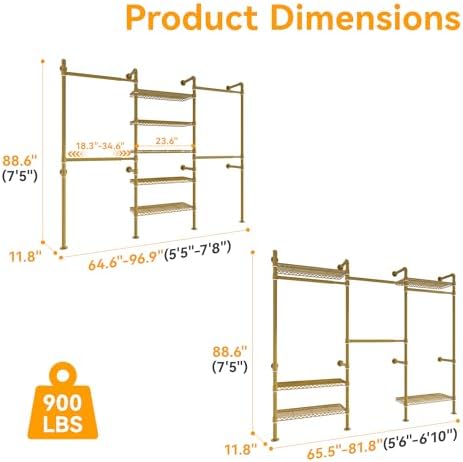 Higeego W3 Wall Mounted Clothes Rack, Industrial Pipe Clothing Rack, Gold - Image 5