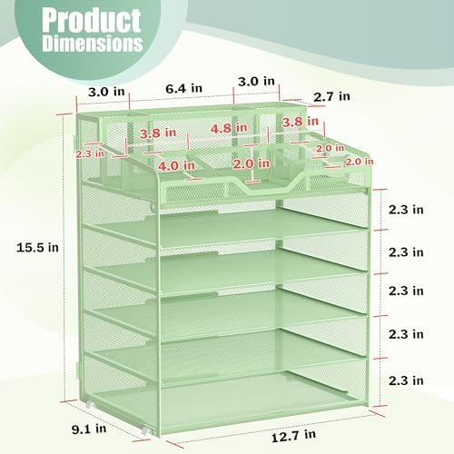 Docnest 6 Tier Mesh Desk Organizer with Letter Tray & Paper Sorter, Green - Image 3