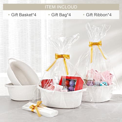 4 Pack Small Woven Basket with Handles, All 12"x 8"x 5", Cotton Rope Room Shelf Storage Basket, Cat Toys, Cute Baby Gift Basket with Gift Bags and Ribbons for Nursery, Empty Decorative Gift Chest Box - Image 2