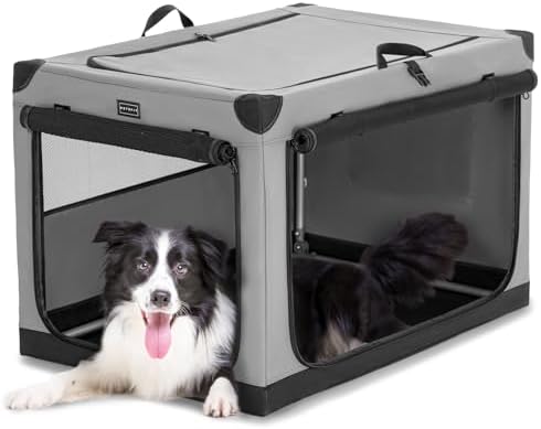 PETSFIT 36" Soft Portable Dog Crate – Patented Spiral Sturdy Frame, Collapsible Travel Kennel for Medium & Large Dogs, 3 Mesh Door, Lockable Zippers, Indoor & Car Use Gray by Petsfit