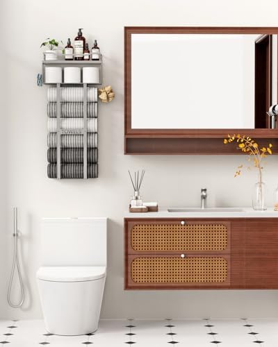 Aetyord Towel Racks for Bathroom - Wall Mounted Metal Rack with Wood Plank, Bathroom Storage Organizer, Towel Holder Stores 6 Large Rolled Towels Easily, All Grey - Image 2