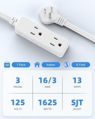 Flat Plug Extension Cord with 3 Outlets - 8 ft White Low Profile Indoor 3 Prong Grounded Power Strip for Home Office & Travel - 16/3 AWG, 13A/1625W - Image 3