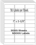 1" x 2-5/8" Shipping Address Labels for Laser/Inkjet Printer 30 per Page Printable Mailing Labels - Matte, 2000 Sheets=60000 Labels by Unknown