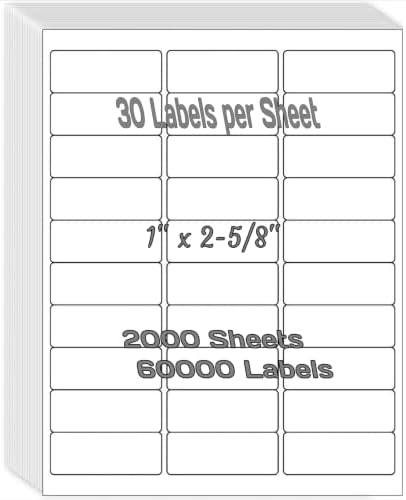 1" x 2-5/8" Shipping Address Labels for Laser/Inkjet Printer 30 per Page Printable Mailing Labels - Matte, 2000 Sheets=60000 Labels by Unknown