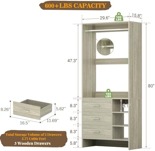 Aheaplus 2.5FT Closet System with 3 Drawers, -E6, White Oak - Image 2