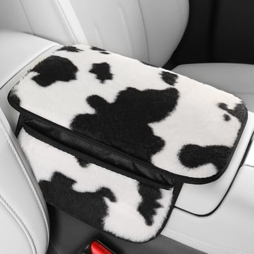 Car Armrest Cover Pad, Leopard Car Center Console Cover,Fluffy Car Arm Rest Cover Cushion with 2 Storage Bags,Interior Accessoires for Most Vehicles (Black/White Cow) by SmeytaCarAccessoriesSupply