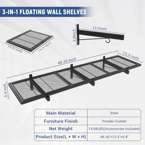2 Pack Garage Wall Shelf, Heavy Duty Garage Shelving, 46"X 12.5" Wall Mounted Floating Shelves, Metal Hanging Storage Rack with 8 Hooks, Utility Organizer Max Load 320 LBS for Laundry Room, Workshop - Image 2