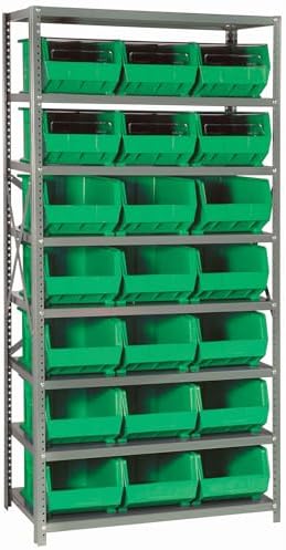 Quantum Storage Systems QSBU-255GN Giant Open Hopper Steel Shelving System, 18" D x 36" W x 75" H, with 8 Shelves and 21 QUS255 Bins, Green by QuantumStorageSystems