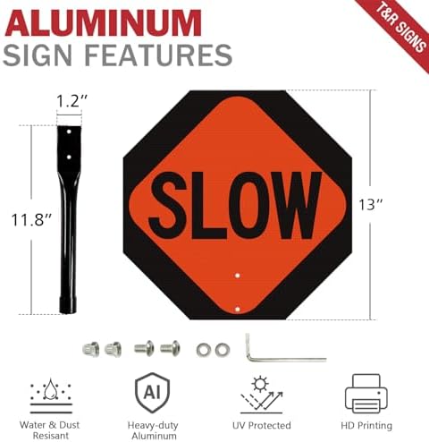 T&R (2 Pack) Stop Slow Sign with Handle, 13 x 13 Inches Double Sided Stop/Slow Traffic Sign, Rust Free Aluminum Reflective, Weather Resistant, Waterproof, Fade Resistant, Easy to Mount(Orange) - Image 2